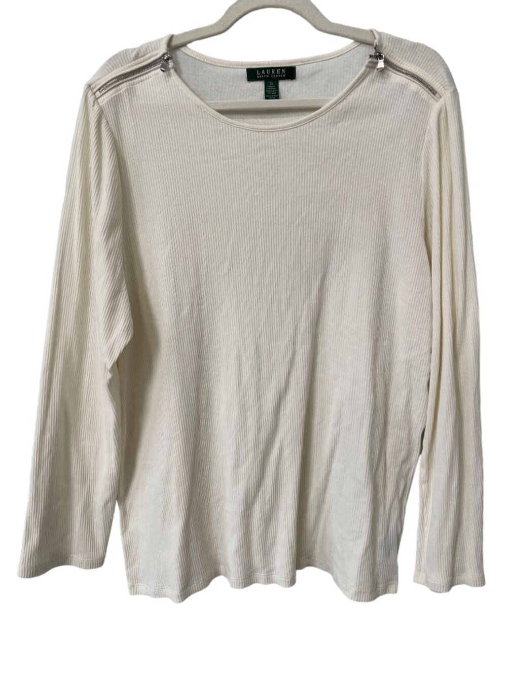 Lauren Ralph Lauren Top 2X Ribbed Knit Long Sleeve Zipper Shoulder Cream